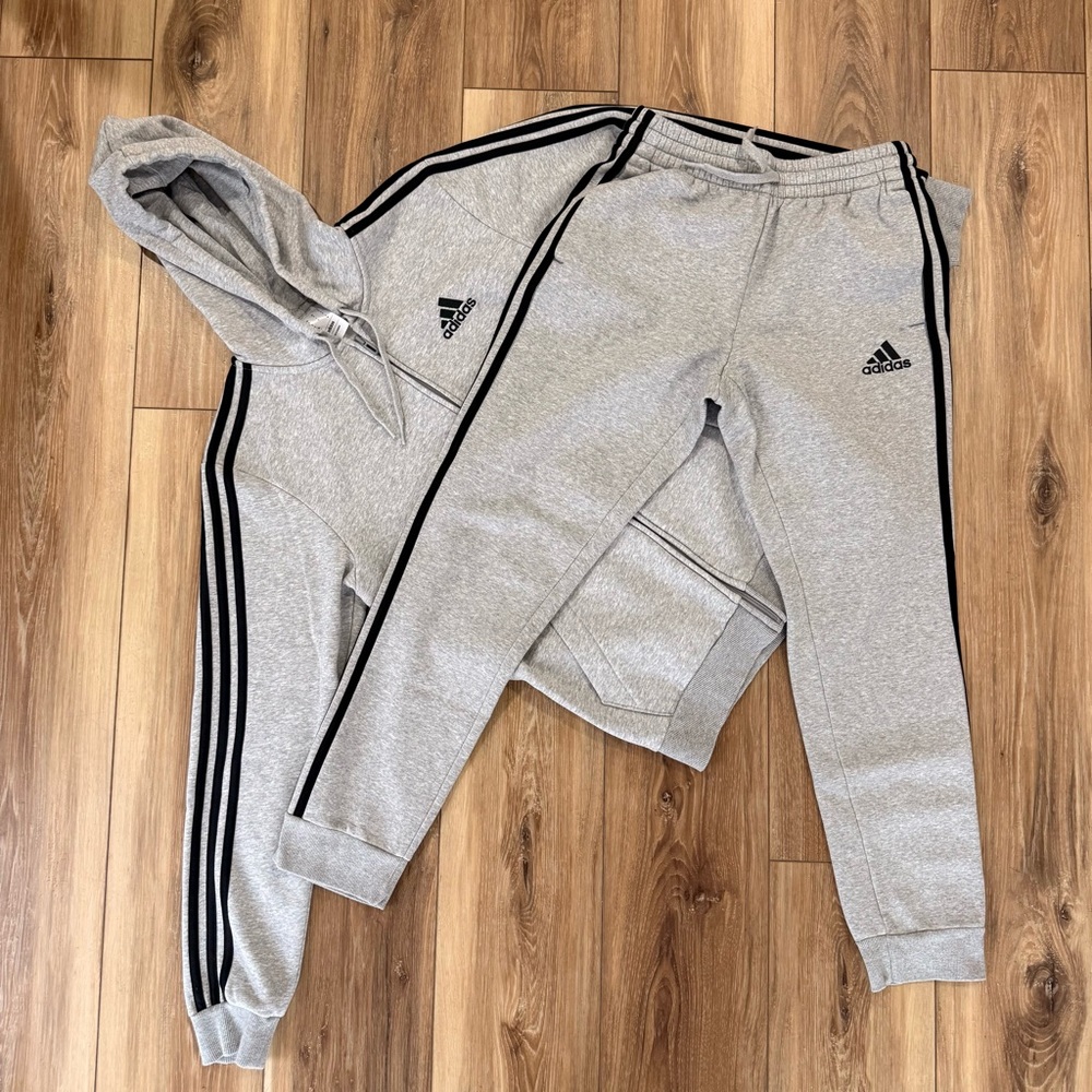 Adidas 3-Stripe Full Zip Fleece Tracksuit Set Gray Black Size S